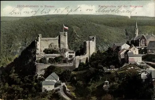 Ak Hohenstein in Nassau Untertaunus, Restauration auf der Burgruine