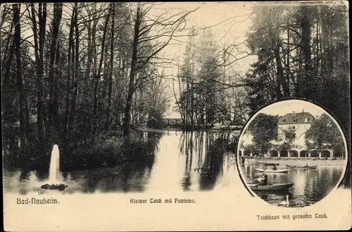 Ak Bad Nauheim in Hessen, Fontaine, kleiner Teich, Teichhaus, großer Teich