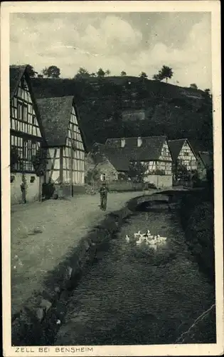 Ak Zell Bensheim an der Bergstraße in Hessen, Partie am Fluss, Fachwerkhäuser