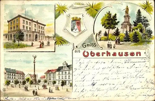 Litho Oberhausen im Ruhrgebiet, Denkmal, Marktplatz, Wappen