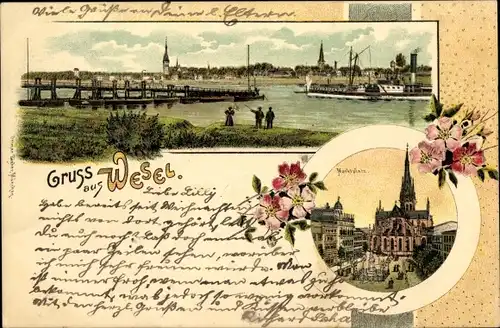 Litho Wesel am Niederrhein, Marktplatz, Brücke, Dampfer, Blumen