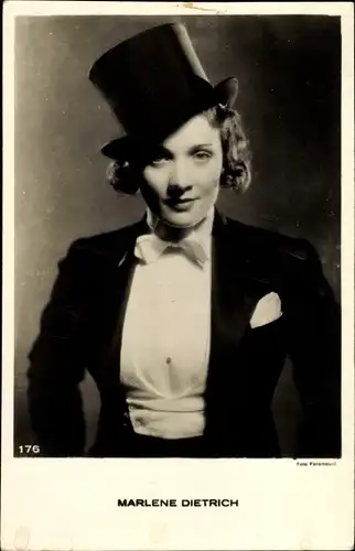 Ak Schauspielerin Marlene Dietrich, Portrait, Zylinder