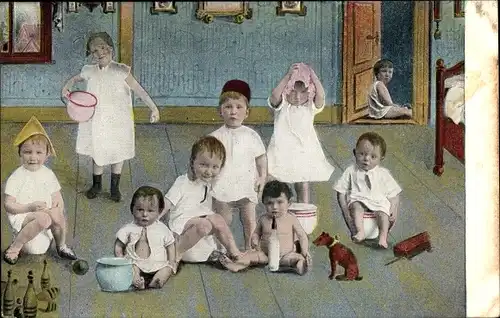 Ak Kinder mit Nachttöpfen, Kegel, Fotomontage