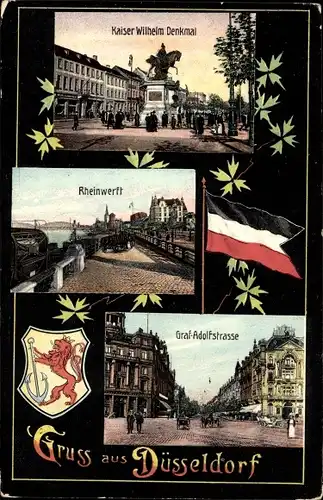 Ak Düsseldorf am Rhein, Wappen, Fahne, Kaiser Wilhelm Denkmal, Rheinwerft, Graf Adolf Straße