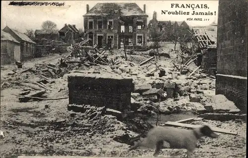 Ak Frankreich, Ruinen eines Ortes, Kriegszerstörung I. WK, Hund