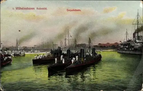 Ak Wilhelmshaven, Deutsche Kriegsschiffe im Hafen, Torpedoboote, Kaiserliche Marine
