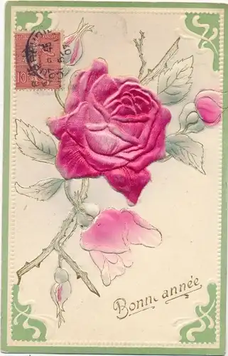 Stoff Präge Ak Glückwunsch Neujahr, Rose