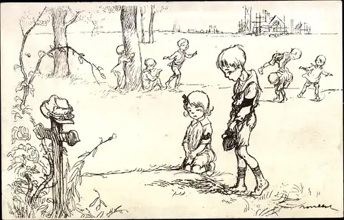 Künstler Ak Poulbot, Francisque, Kinder, Kreuz, Grab, Gebet