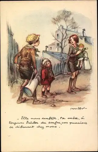 Künstler Ak Poulbot, Junge mit Wasserkanne, Mädchen mit Puppe