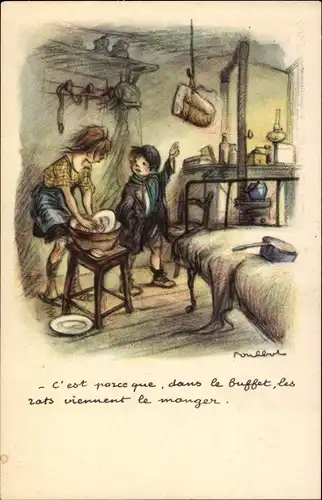 Künstler Ak Poulbot, Mädchen spült Geschirr, Hängendes Brot