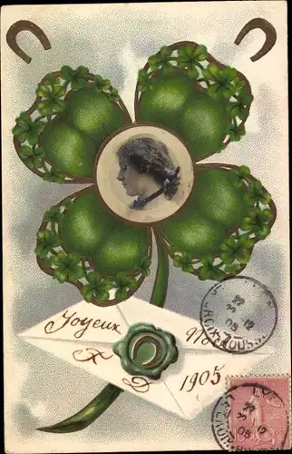 Präge Ak Frau, Hufeisen, Brief, Glücksklee