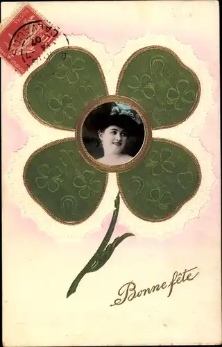 Präge Ak Glückwunsch, Frau-Portrait, Glücksklee