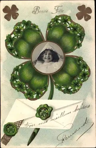Präge Litho Glückwunsch, Kind-Portrait, Glücksklee, Brief