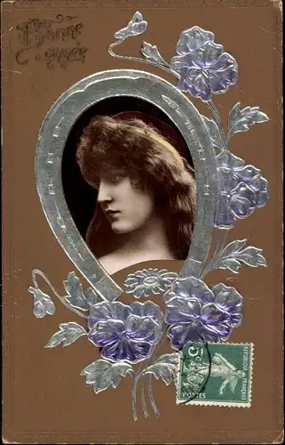 Präge Ak Glückwunsch Neujahr, Frau-Portrait, Blumen, Hufeisen