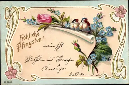 Präge Passepartout Litho Glückwunsch Pfingsten, Vögel, Vergissmeinnicht, Blumen