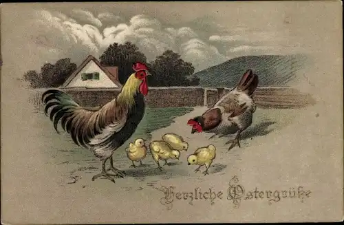Ak Glückwunsch Ostern, Hühner-Familie, Küken
