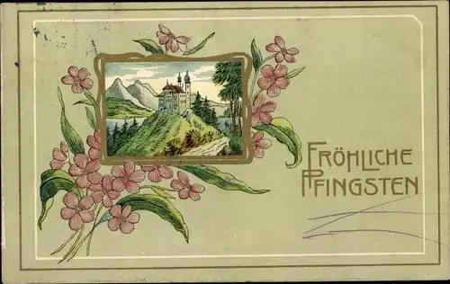 Ak Glückwunsch Pfingsten, Blumen, Schloss, Berg