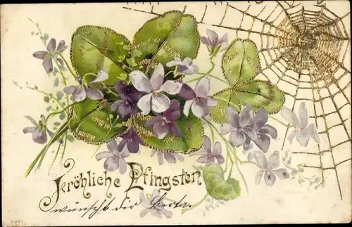 Präge Litho Glückwunsch Pfingsten, Veilchen, Glücksklee, Spinne