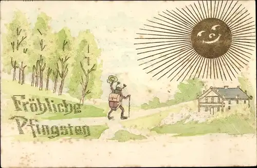 Präge Litho Glückwunsch Pfingsten, Maikäfer, Wanderer, Sonnenschein