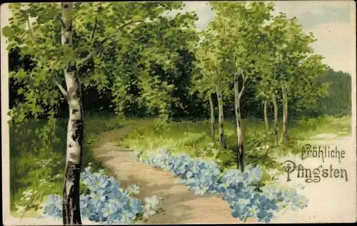 Präge Ak Glückwunsch Pfingsten, Birken, Vergissmeinnicht