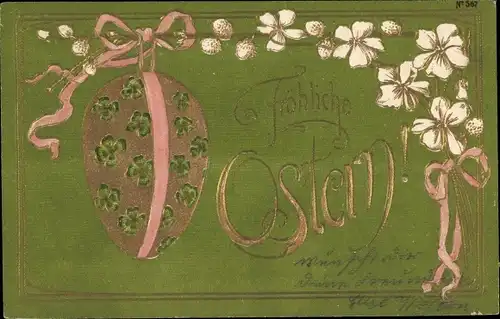 Präge Ak Glückwunsch Ostern, Blumen, Osterei, Glücksklee