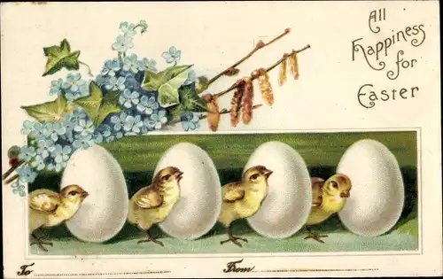 Litho Glückwunsch Ostern, Küken, Vergissmeinnicht, Ostereier