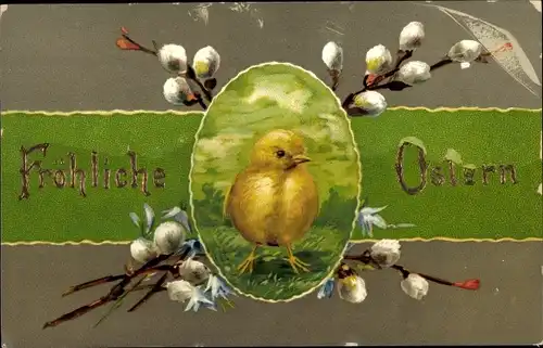 Ak Glückwunsch Ostern, Küken, Weidenkätzchen