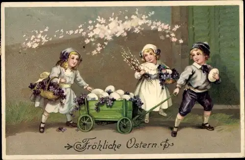 Präge Ak Glückwunsch Ostern, Kinder, Ostereier, Veilchen, Weidenkätzchen