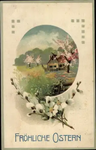 Ak Glückwunsch Ostern, Weidenkätzchen, Wohnhaus, Blühende Bäume