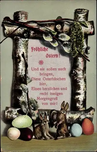 Ak Glückwunsch Ostern, Osterhasen, Ostereier, Birken, Weidenkätzchen