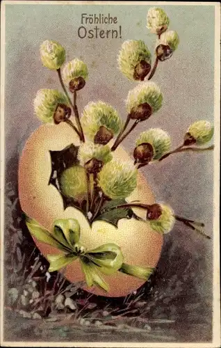 Präge Ak Glückwunsch Ostern, Weidenkätzchen im Osterei, Schleife
