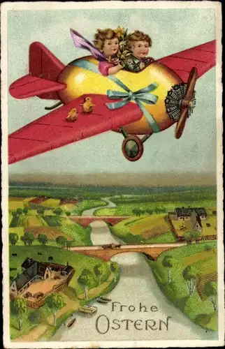 Ak Glückwunsch Ostern, Osterei-Flugzeug, Kinder, Küken