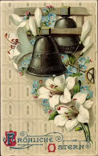 Präge Ak Glückwunsch Ostern, Glocken, Vergissmeinnicht