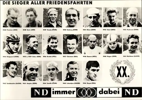 Ak Sieger aller Friedensfahrten, Radrennfahrer, Täve Schur, Ampler, Krolak, Neues Deutschland, DDR