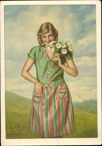 Künstler Ak Reklame Indanthren, Frau in buntem Kleid mit Blumenstrauß