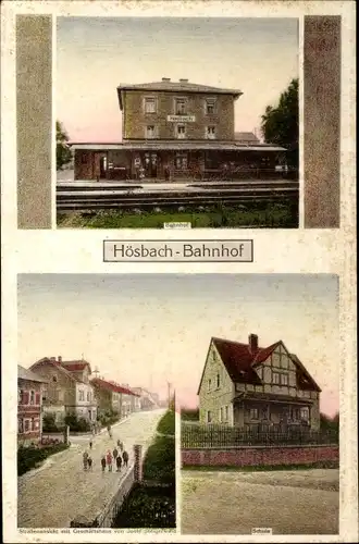 Ak Hösbach Unterfranken, Bahnhof Gleisseite, Schule, Geschäft Josef Steigerwald