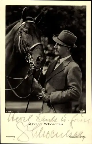 Ak Schauspieler Albrecht Schoenhals, Portrait, Pferd, Ross Verlag A 3205/1, Autogramm