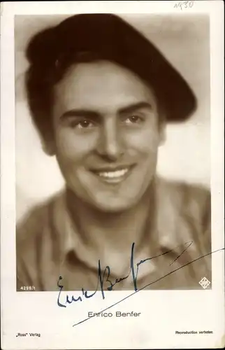Ak Schauspieler Enrico Benfer, Friedrich Benfer, Portrait, Mütze, Autogramm