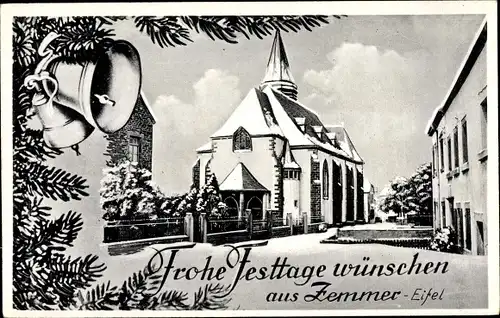 Glückwunsch Ak Zemmer Rheinland Pfalz, Frohe Festtage, Kirche, Glocken