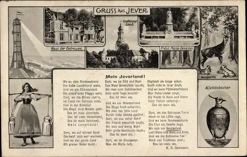 Gedicht Ak Jever in Oldenburg Friesland, Kiebitzbecher, Mein Jeverland, Leuchtturm,Haus der Getreuen