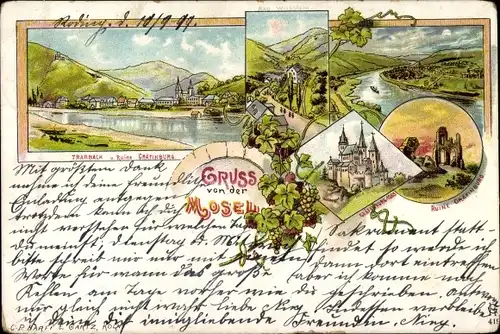 Litho Traben Trarbach an der Mosel, Gruß von der Mosel, Burgruine