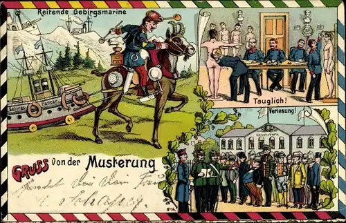 Litho Gruß von der Musterung, Reitende Gebirgsmarine, Tauglich, Verlesung