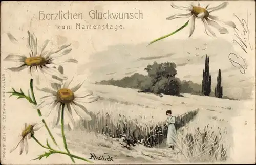 Künstler Litho Mailick, Glückwunsch Namenstag, Frau auf einem Feld, Margeriten