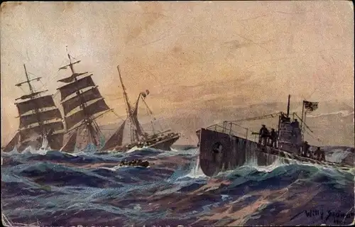 Künstler Ak Stöwer, Willy, Deutsches U Boot versenkt französische Bark, Atlantik, U-Boot Spende 1917