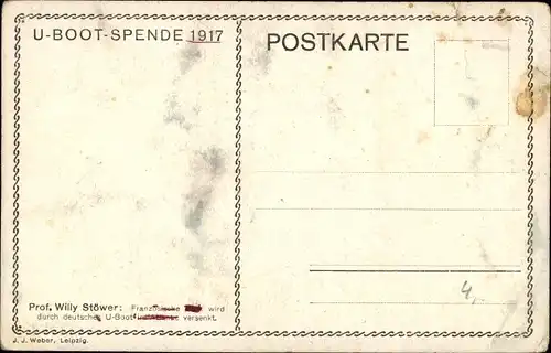 Künstler Ak Stöwer, Willy, Deutsches U Boot versenkt französische Bark, Atlantik, U-Boot Spende 1917