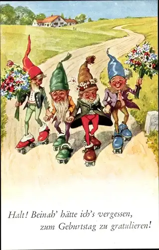 Künstler Ak Wills, John, Glückwunsch zum Geburtstag, Zwerge auf Rollschuhen, Blumen