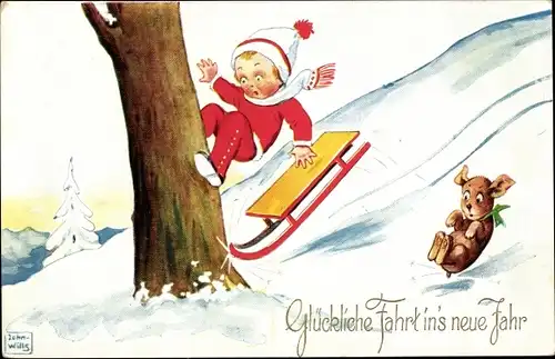 Künstler Ak Wills, John, Fröhliches Neujahr, Kind fährt mit Schlitten gegen einen Baum, Hund