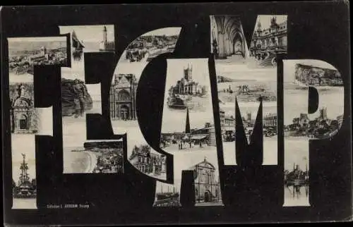 Buchstaben Ak Fecamp Seine Maritime, Teilansicht, Strandpartie, Kirche, Monument, Panorama, Felsen