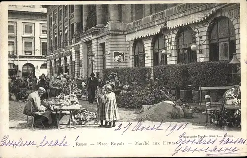 Postkarte Reims-Marne, Place Royale, Blumenmarkt