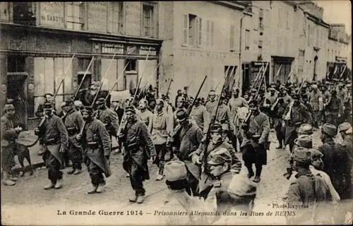 Postkarte Reims-Marne, Deutsche Gefangene, Erster Weltkrieg 1914